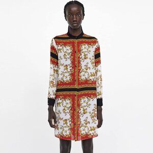ZARA FLORAL SHIRTDRESS DRESS Sz M BLACK PEARL BUTTON made in MOROCCO *STUNNING*